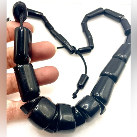 Vintage Large Black Lucite Beaded Necklace on Satin Cord Chunky Bold Statement - Picture 4 of 6